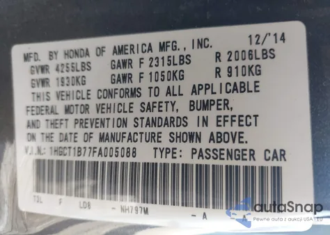 2015 Honda Accord Ex from USA, damaged, VIN 1HGCT1B77FA005088